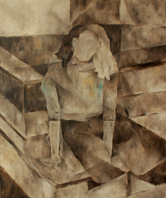 Brigitte auf der Ofenbank sitzend / 60 x 50 cm / Oel