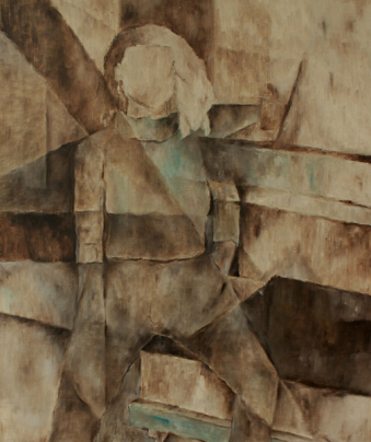 Brigitte an der Ofenbank angelehnt, 60 x 40 cm Oel auf Leinwand